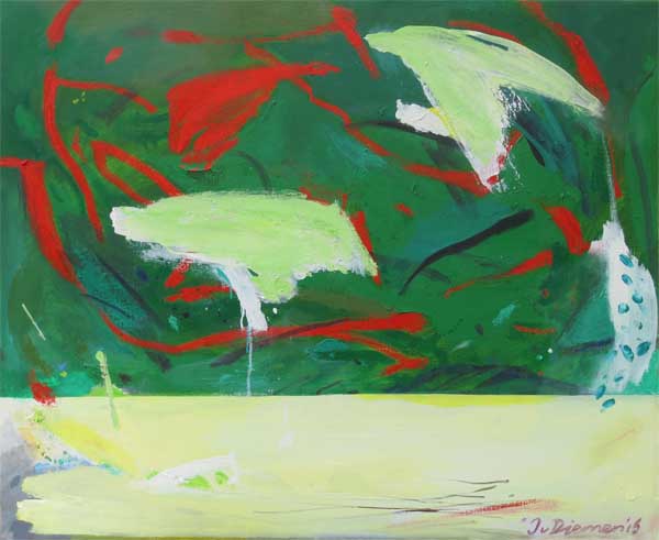schilderij dynamisch landschap van donker groen en geel door Jan van Diemen, art, painting, dynamic landscape