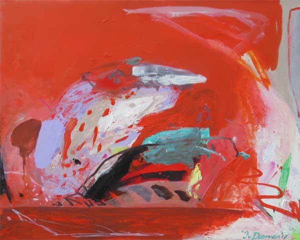 schilderij dynamisch landschap van rood door Jan van Diemen, art, painting, dynamic landscape